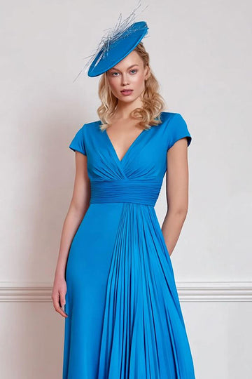 Blue A-Line Ruched Midi Mother Of The Bride Dress